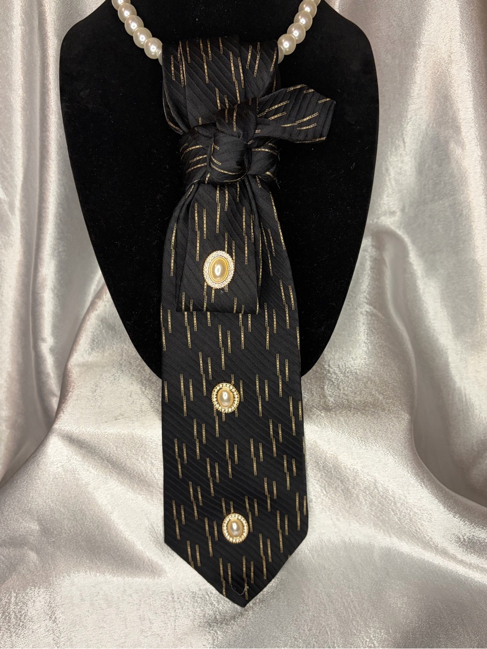 DKNY Black Necklace Style Tie with Gold Stripe and Button Accents